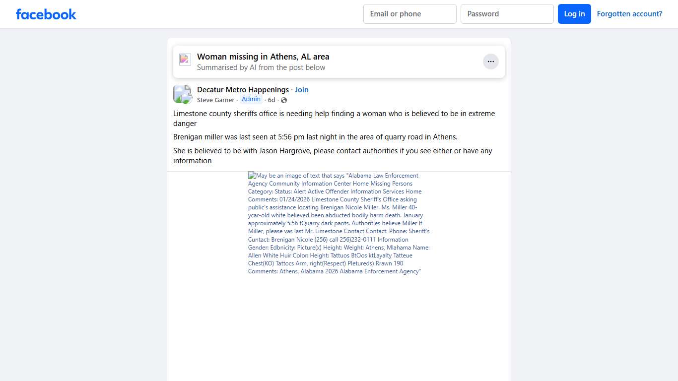 Decatur Metro Happenings Limestone county sheriffs office is needing help finding a woman who is believed to be in extreme danger Facebook